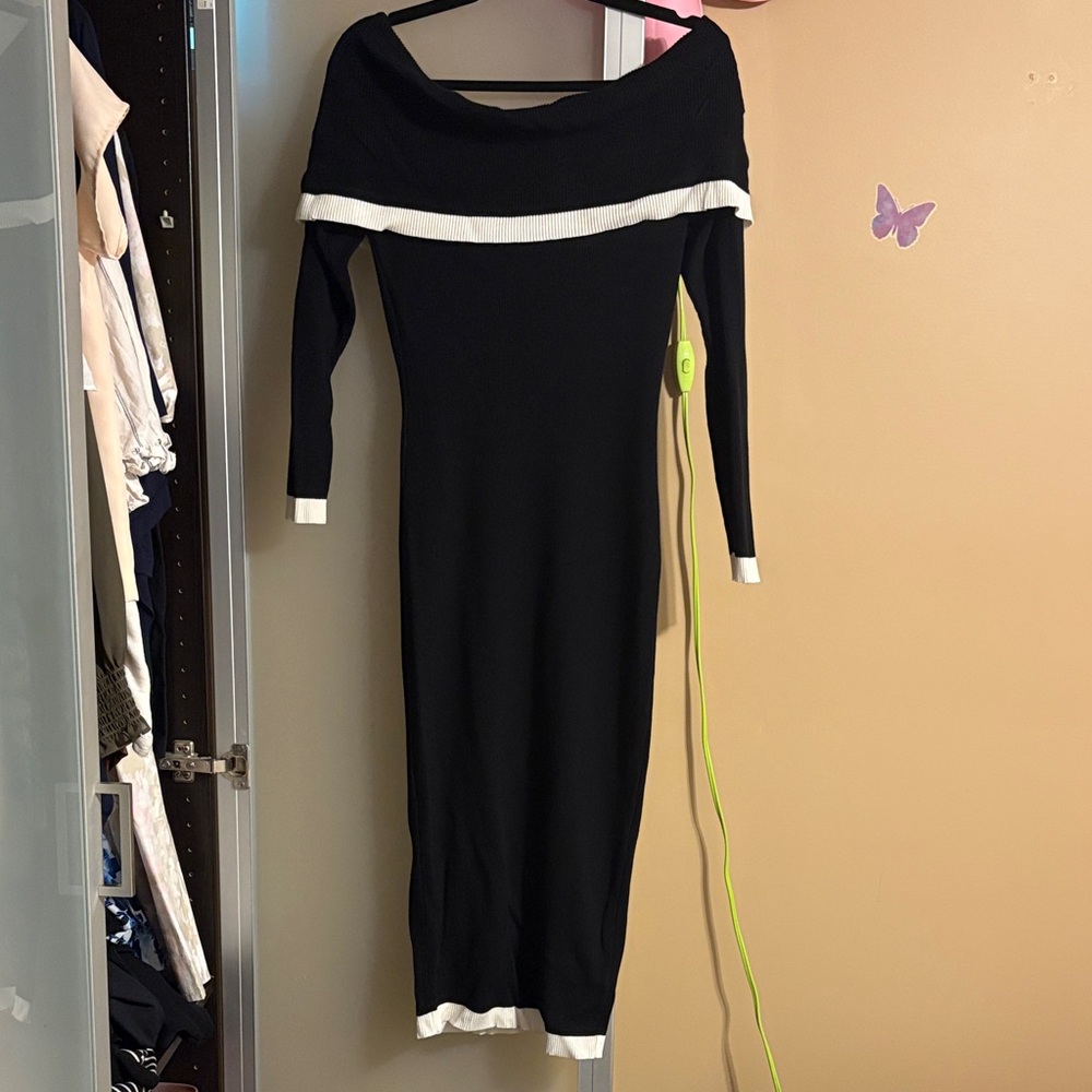 Fashion Nova Black and White Off-Shoulder Sweater Ribbed Dress